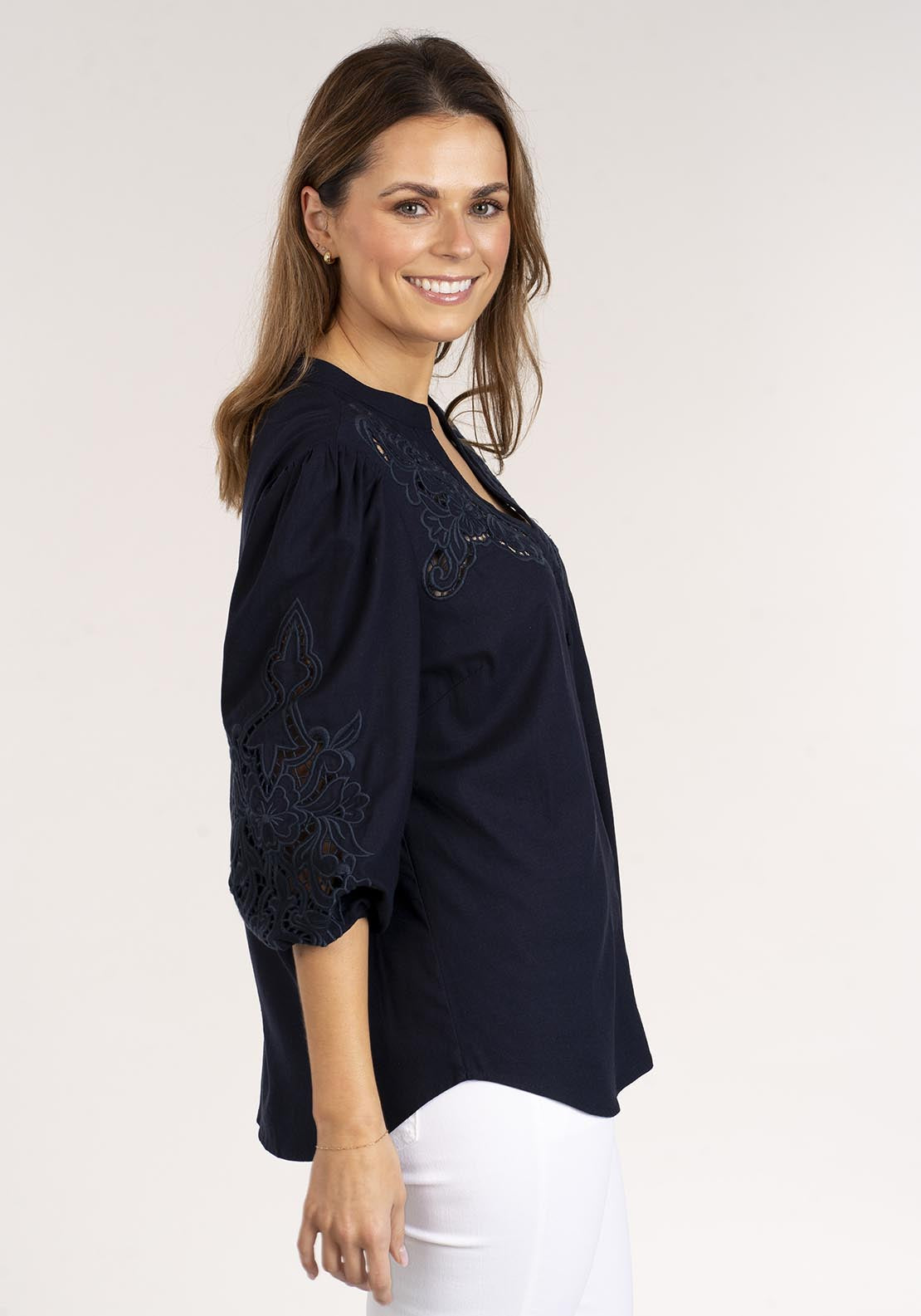Naoise Linen Mix Embroidered Shirt - Navy 2 Shaws Department Stores