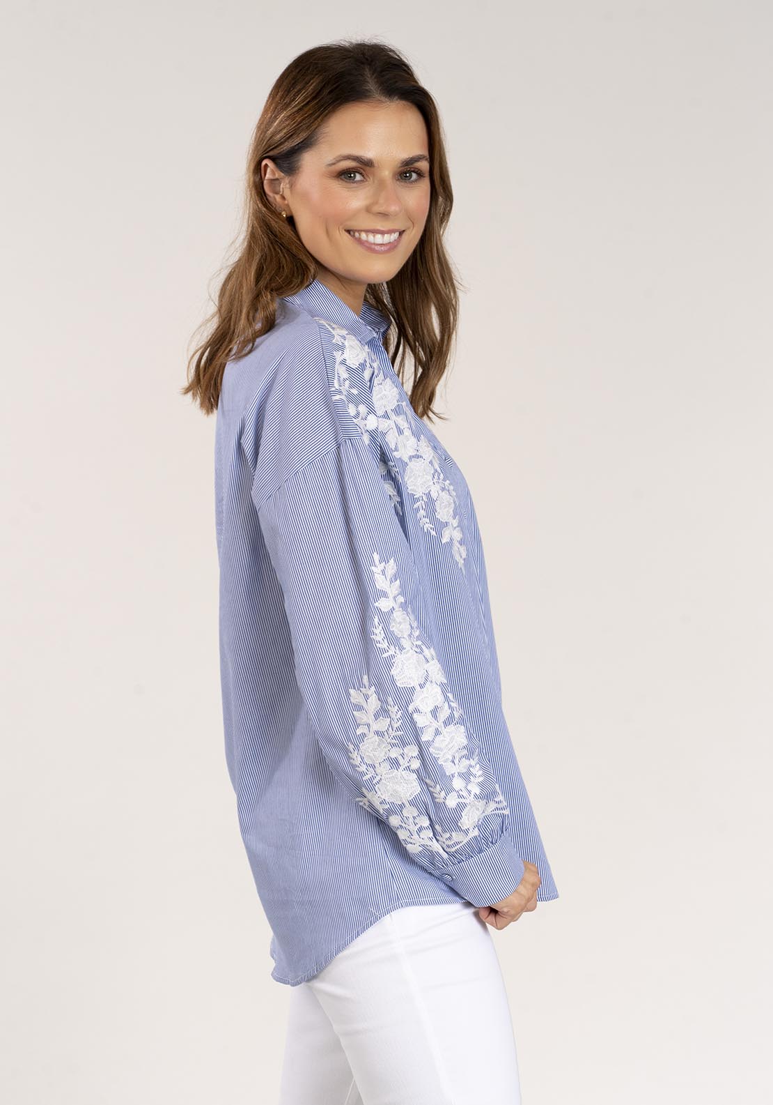 Naoise Stripe Embroidered Shirt - Blue & White 3 Shaws Department Stores