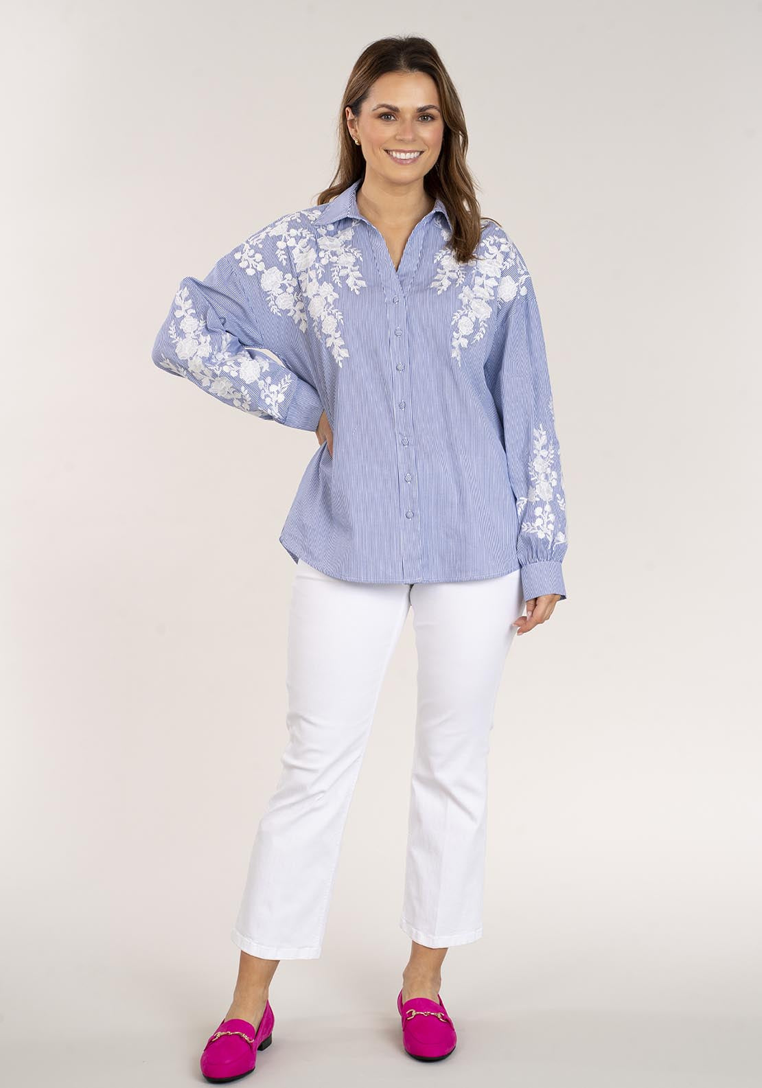 Naoise Stripe Embroidered Shirt - Blue & White 4 Shaws Department Stores
