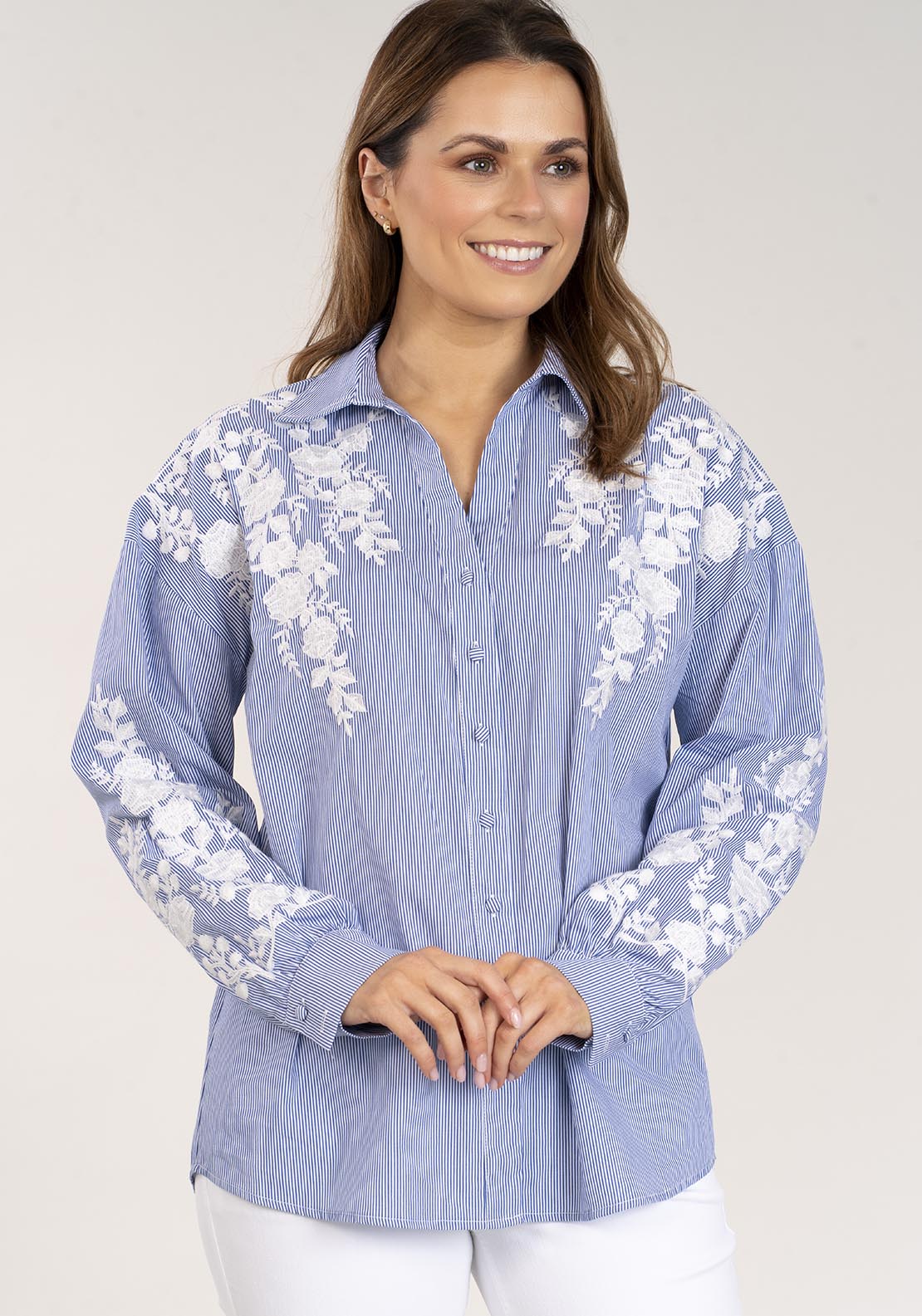 Naoise Stripe Embroidered Shirt - Blue & White 1 Shaws Department Stores