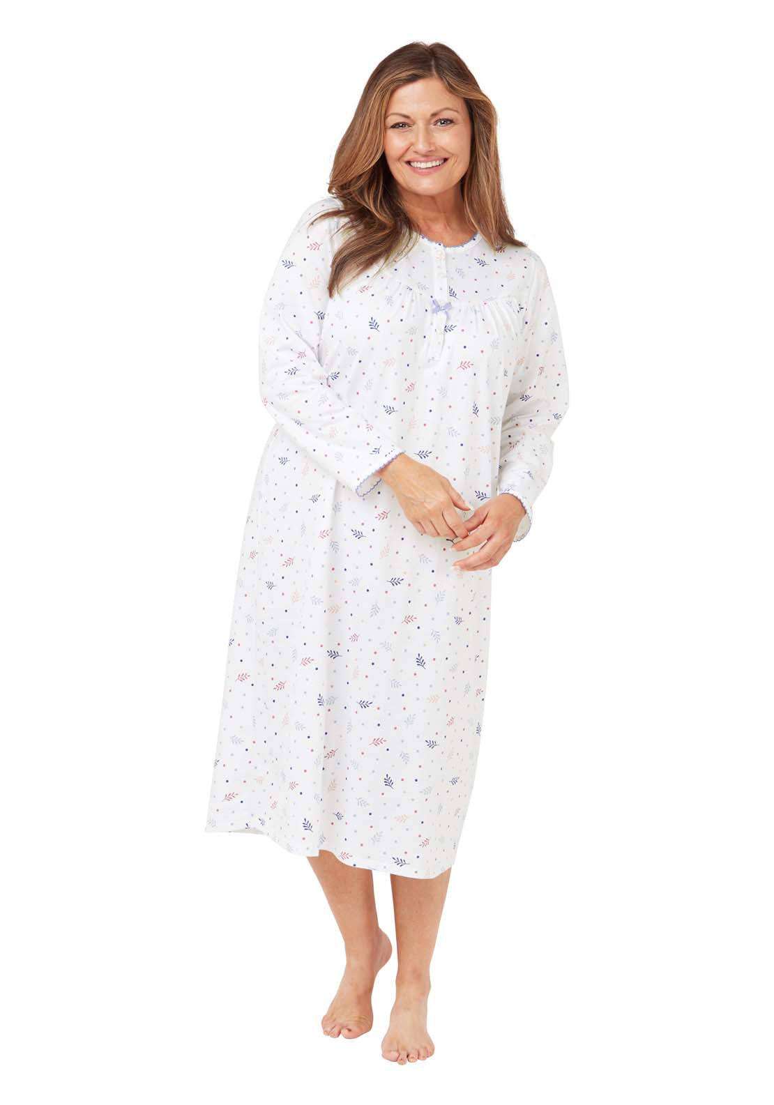 Marlon Long Sleeve Leaf Cotton Night Dress - Blue 2 Shaws Department Stores