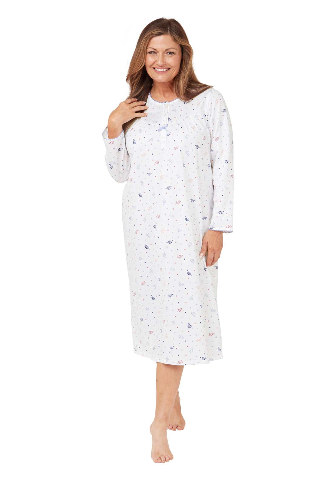 Marlon Long Sleeve Leaf Cotton Night Dress - Blue 1 Shaws Department Stores