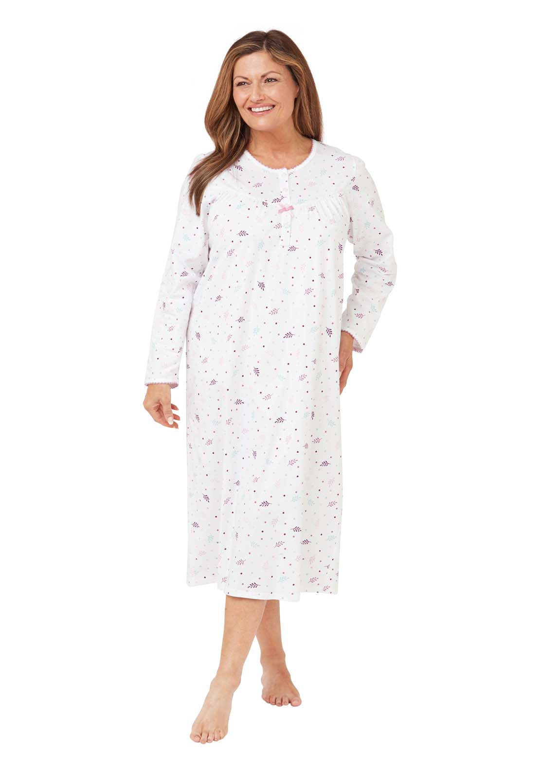 Marlon Long Sleeve Leaf Cotton Night Dress - Pink 1 Shaws Department Stores