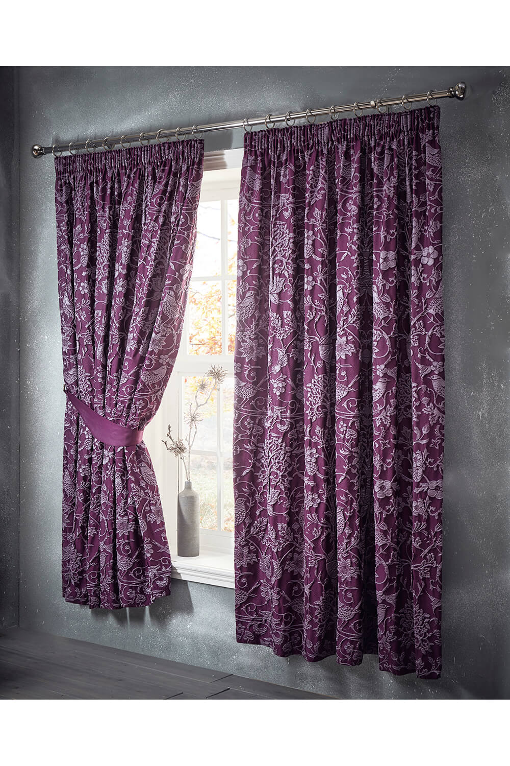 Bedmaker Oak Tree Pleat Lined Curtains 66" x 72" - Plum 1 Shaws Department Stores