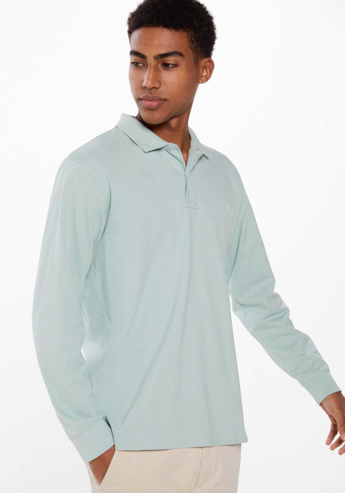 Springfield Essential long-sleeved piqué polo shirt - Green 3 Shaws Department Stores