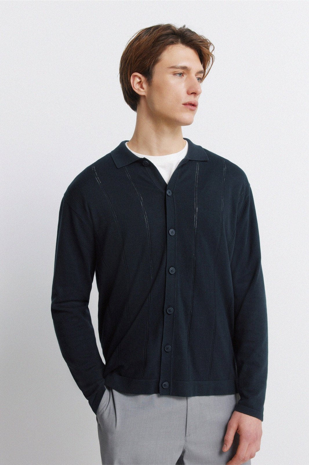 Polo Neck Button Cardigan - Navy