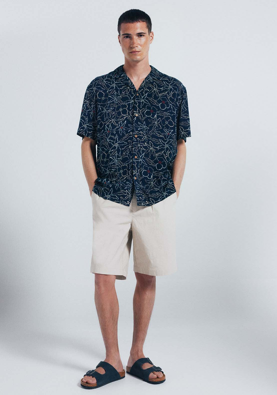 Print Viscose Short Sleeve Shirt - Blue