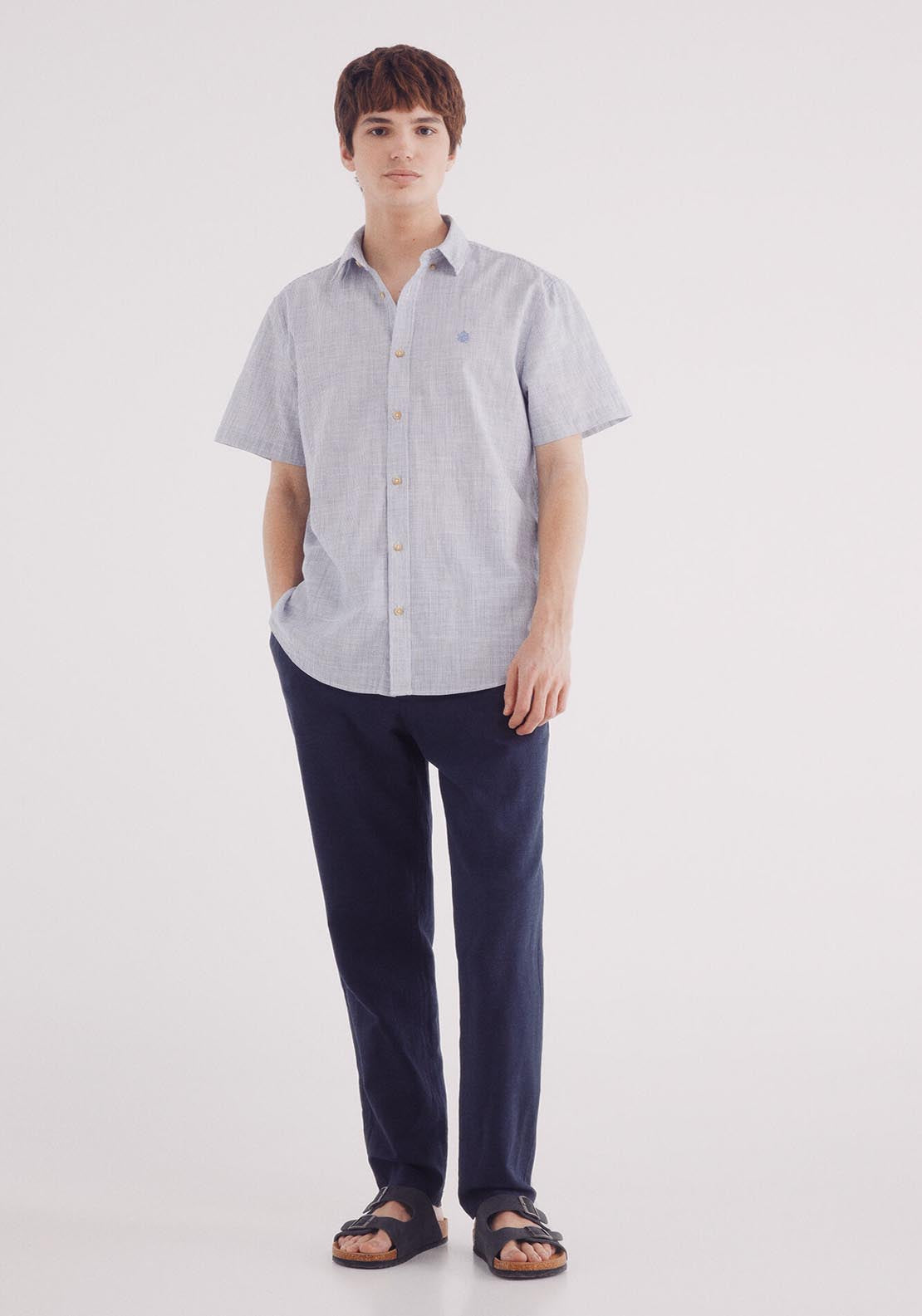 Springfield Short Sleeve Cotton Slub Micro-Stripe Shirt - Blue 4 Shaws Department Stores