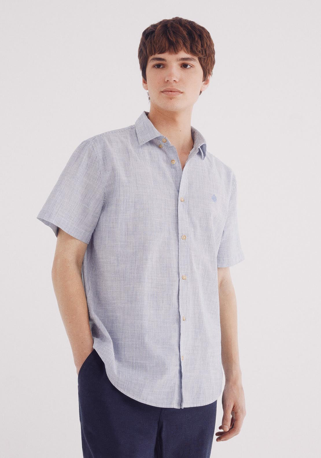 Springfield Short Sleeve Cotton Slub Micro-Stripe Shirt - Blue 1 Shaws Department Stores