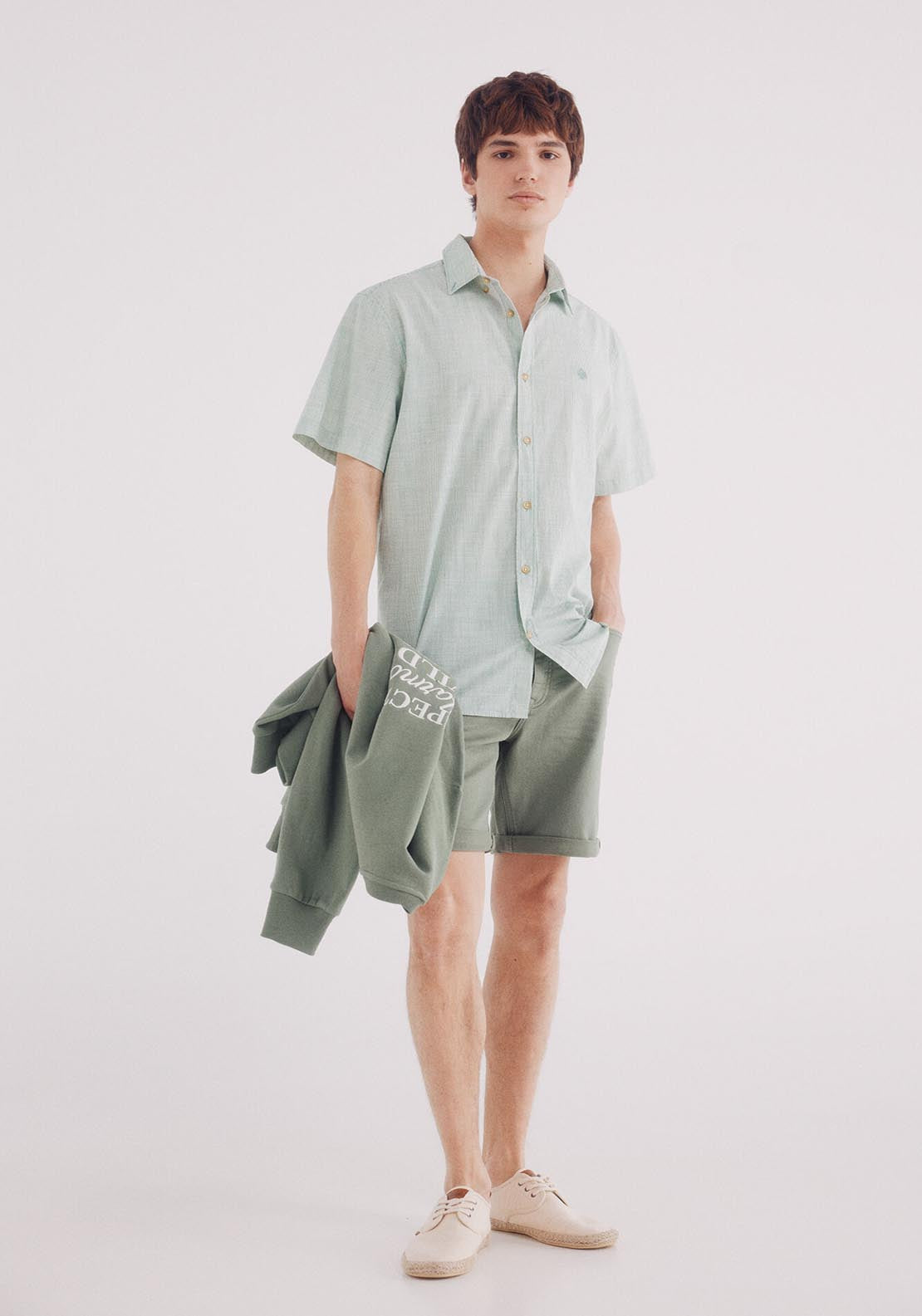 Springfield Short Sleeve Cotton Slub Micro-Stripe Shirt - Green 1 Shaws Department Stores