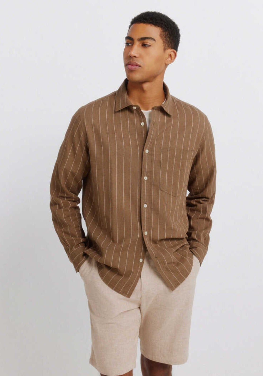 Dobby Linen Blend Comfort Fit Bermuda Shorts - Beige/camel
