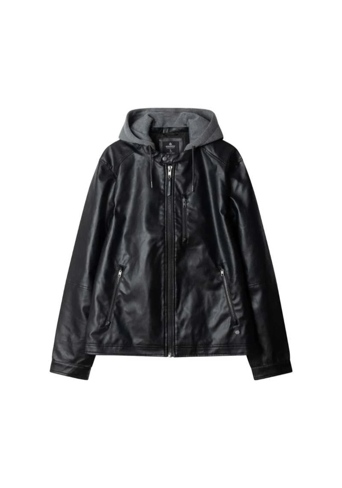 Faux Leather Hooded Jacket - Black