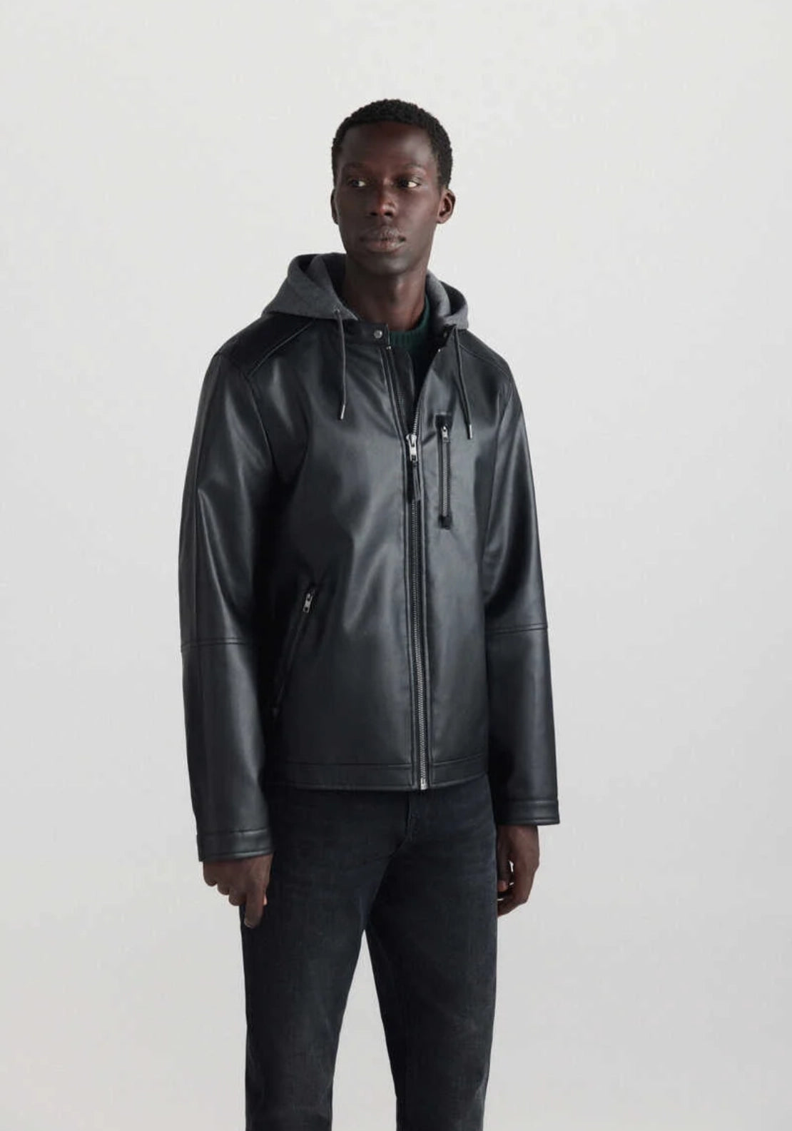 Faux Leather Hooded Jacket - Black
