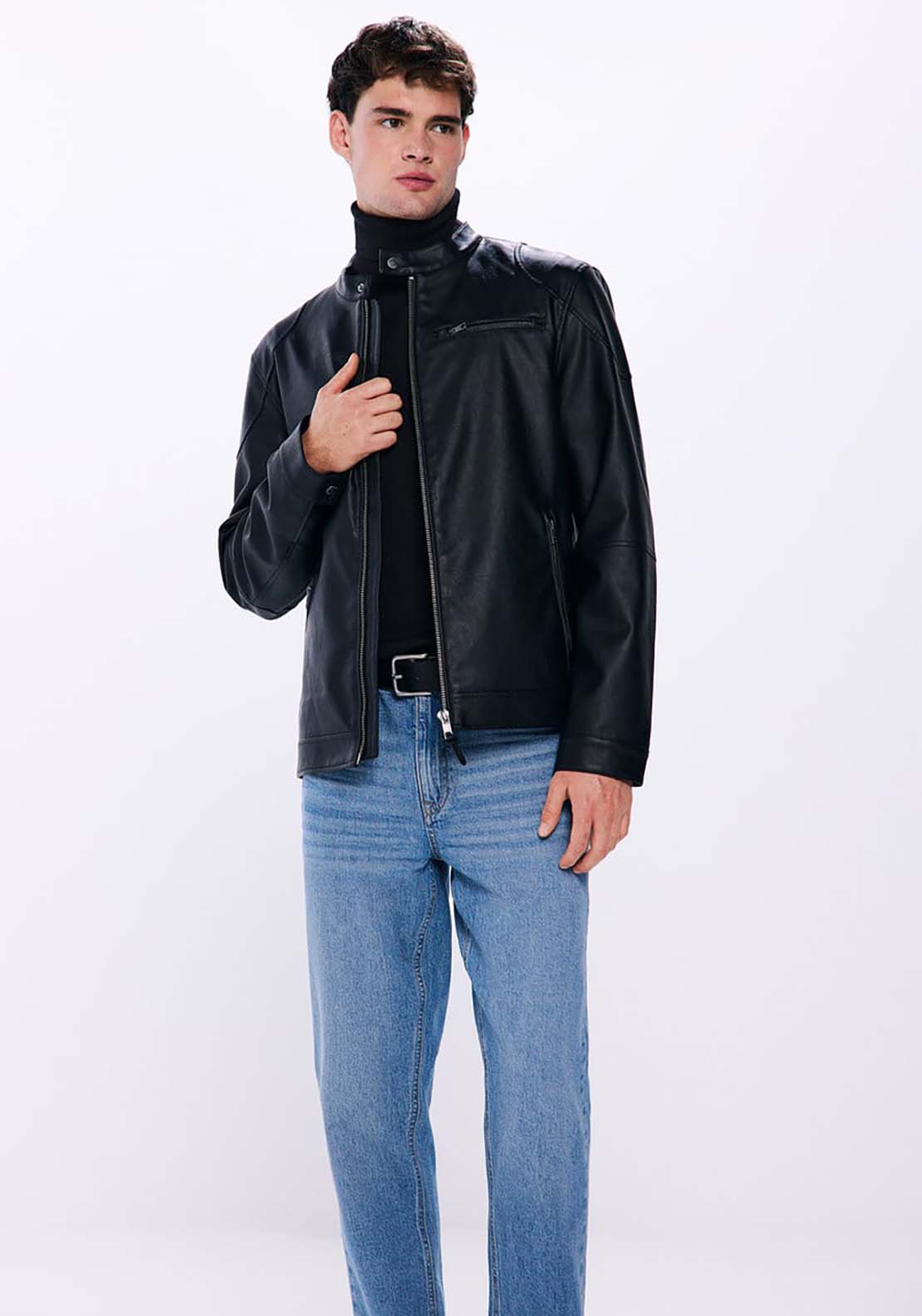 Springfield Faux leather biker jacket - Black 3 Shaws Department Stores