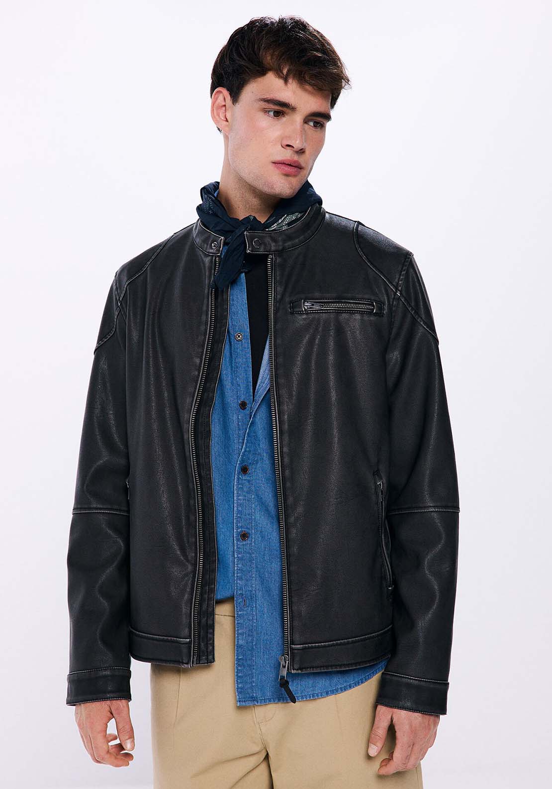 Springfield Washed leather effect biker jacket - Brown Print 1 Shaws Department Stores