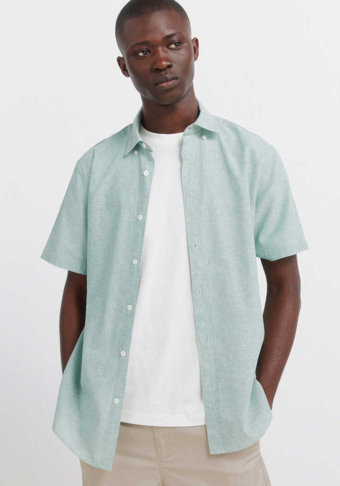 Linen Blend Short Sleeve Shirt - Green