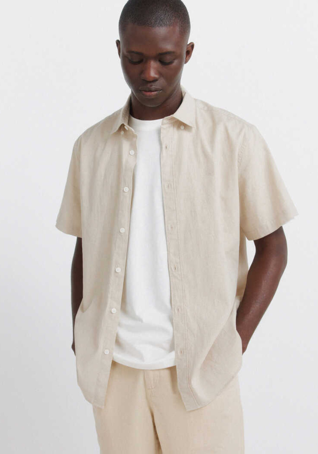 Linen Blend Short Sleeve Shirt - Beige
