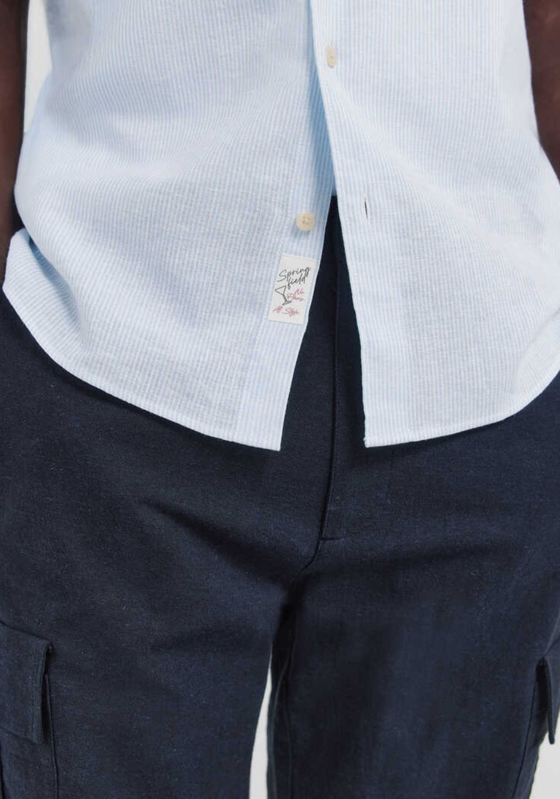 Striped Linen Blend Short Sleeve Shirt - Blue