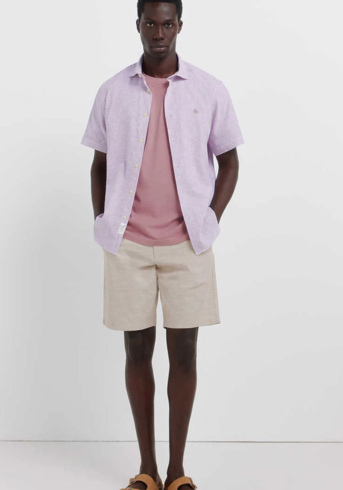 Striped Linen Blend Short Sleeve Shirt - Purple