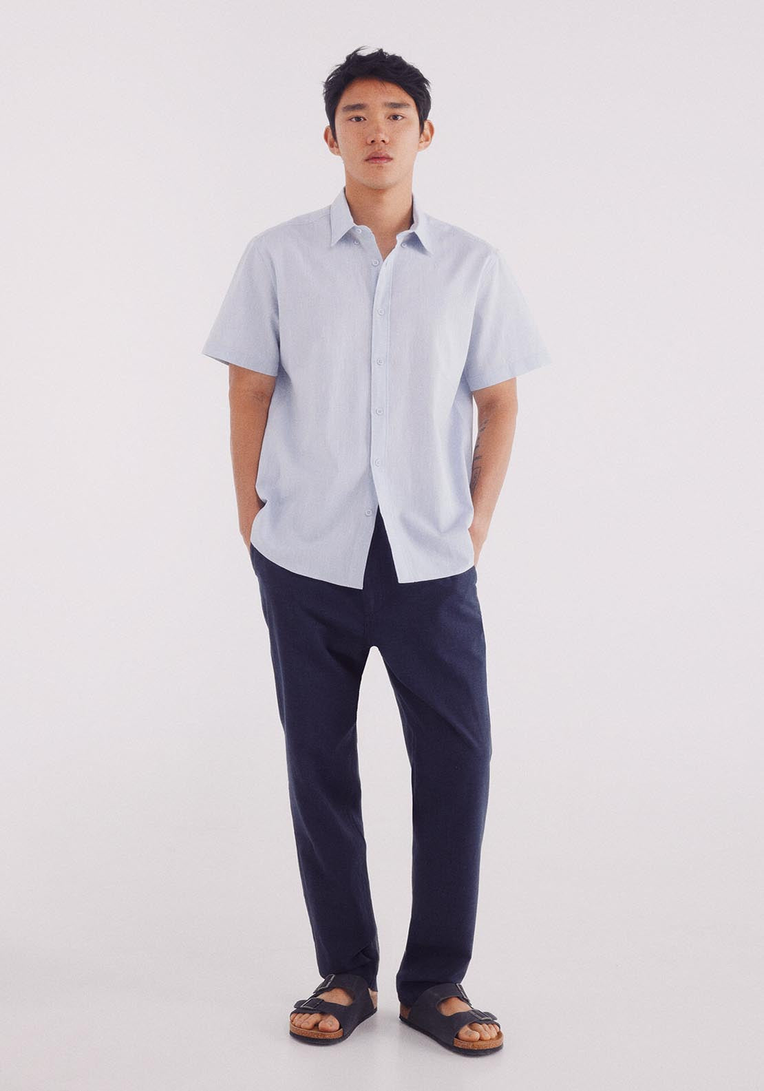 Springfield Linen Shirt With Short Sleeves - Blue 1 Shaws Department Stores