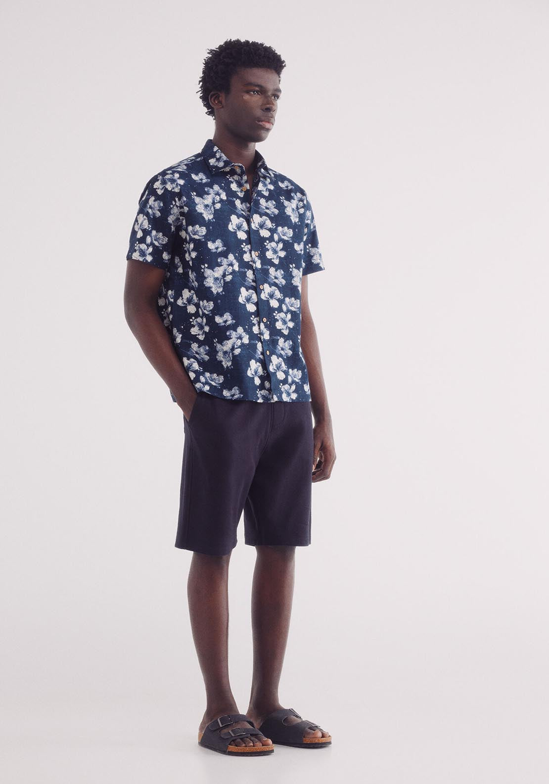 Springfield Printed Short Sleeve Linen Shirt - Blue 4 Shaws Department Stores