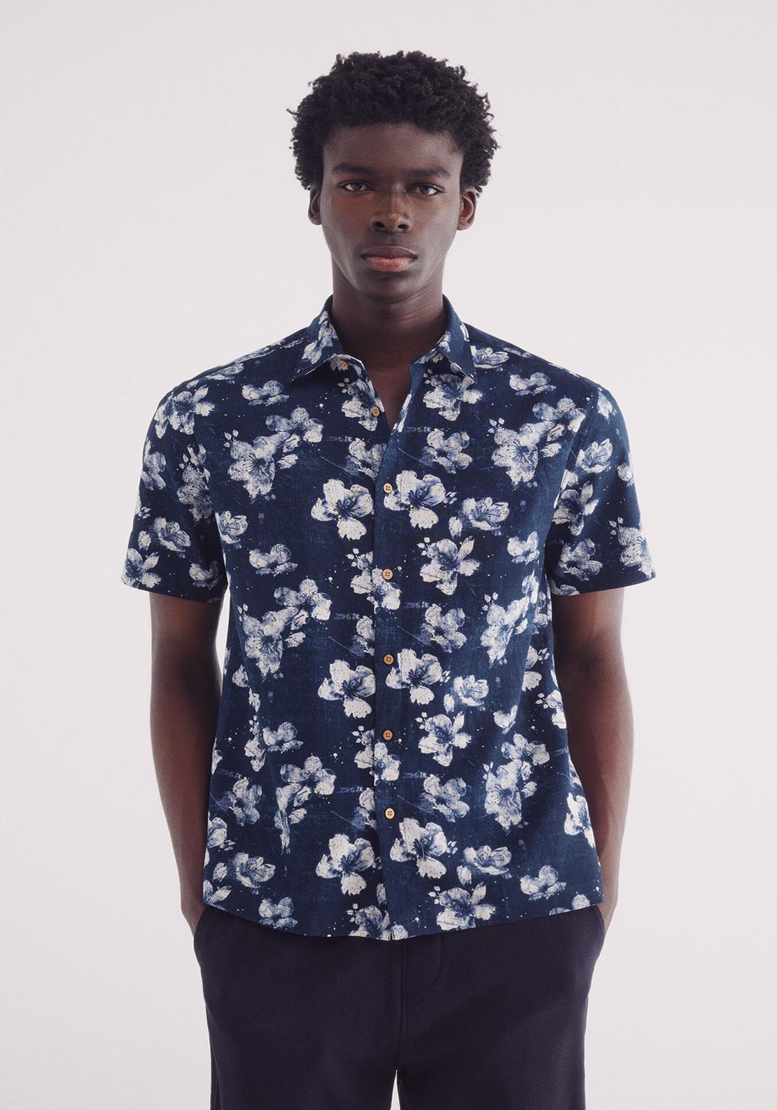 Springfield Printed Short Sleeve Linen Shirt - Blue 1 Shaws Department Stores