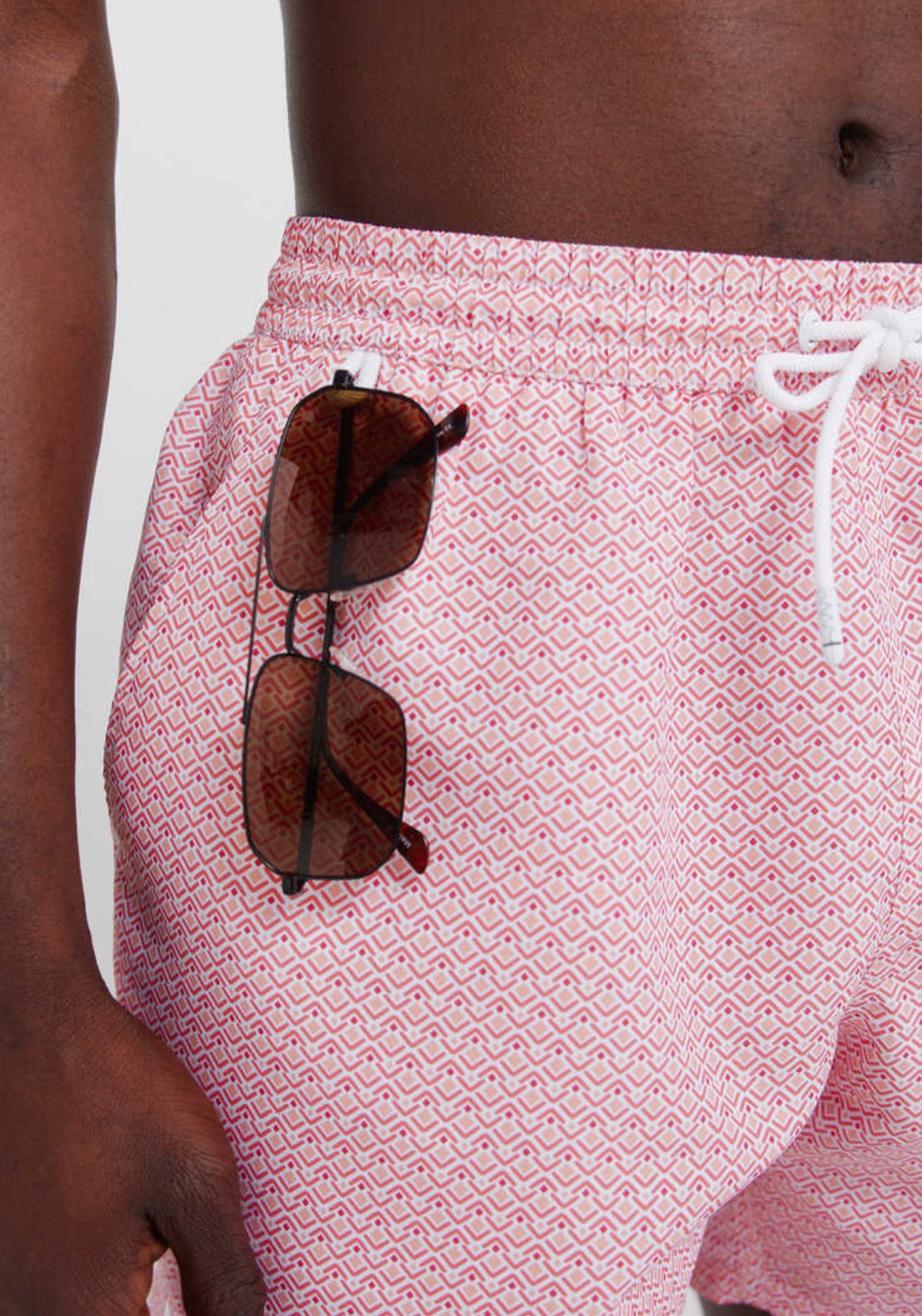 Geometric Print Zip Pocket Swim Shorts - Red