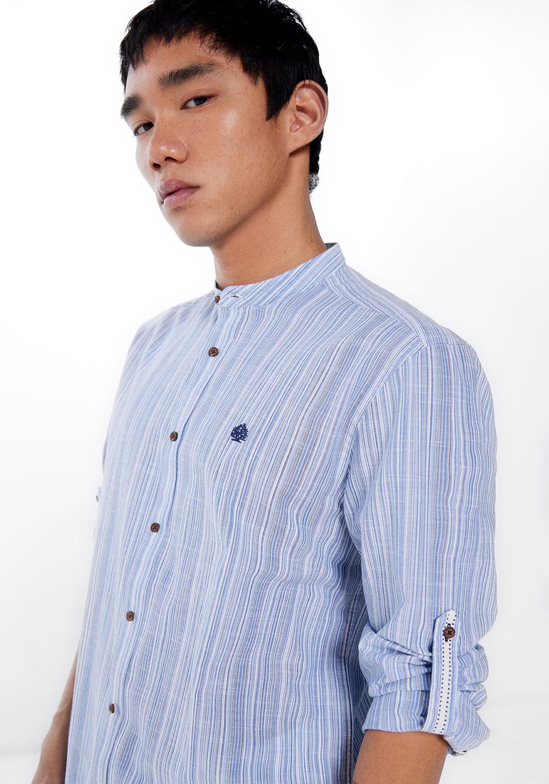 Springfield Long Sleeve Mao Stripe Shirt - Blue 2 Shaws Department Stores