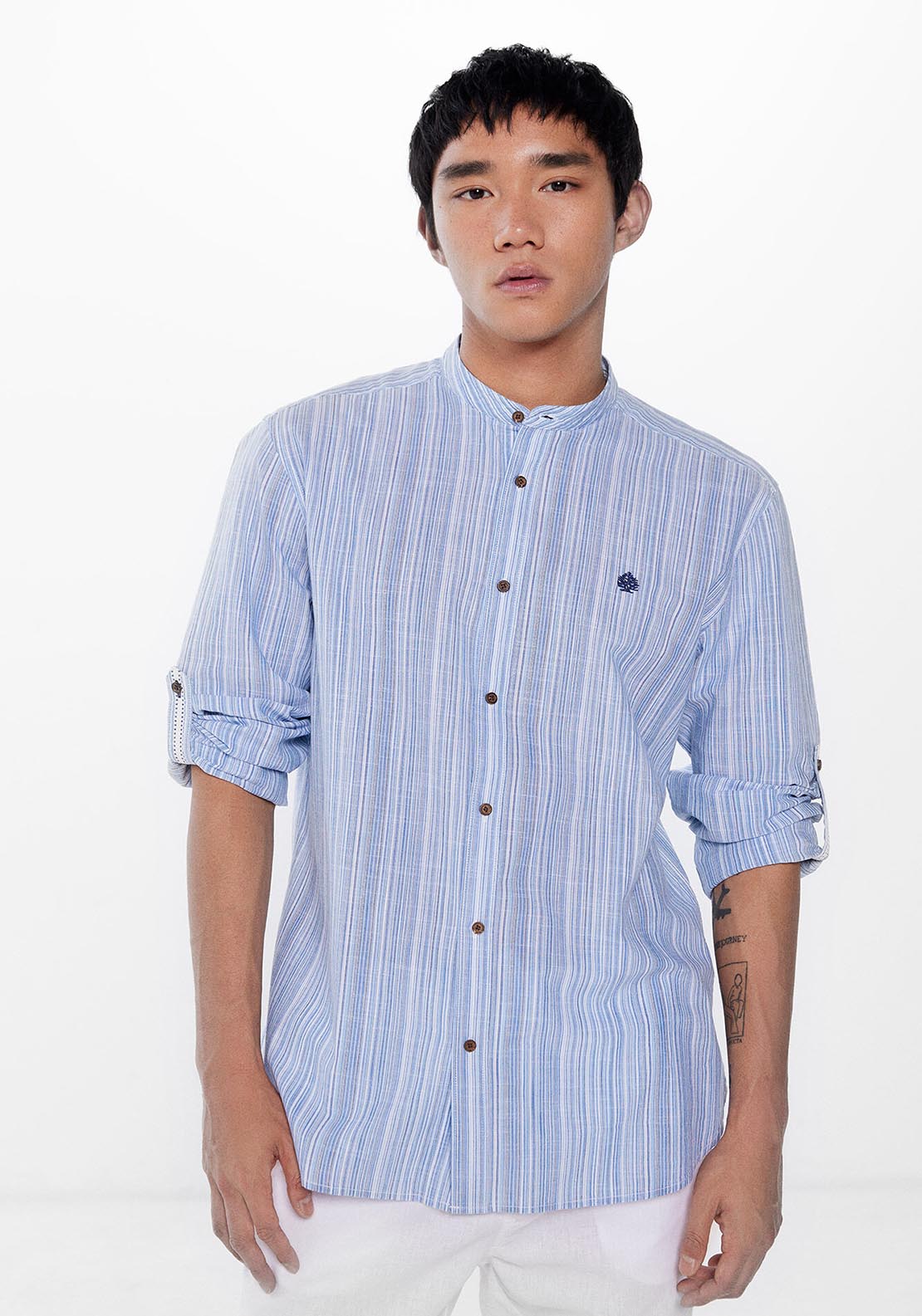 Springfield Long Sleeve Mao Stripe Shirt - Blue 1 Shaws Department Stores