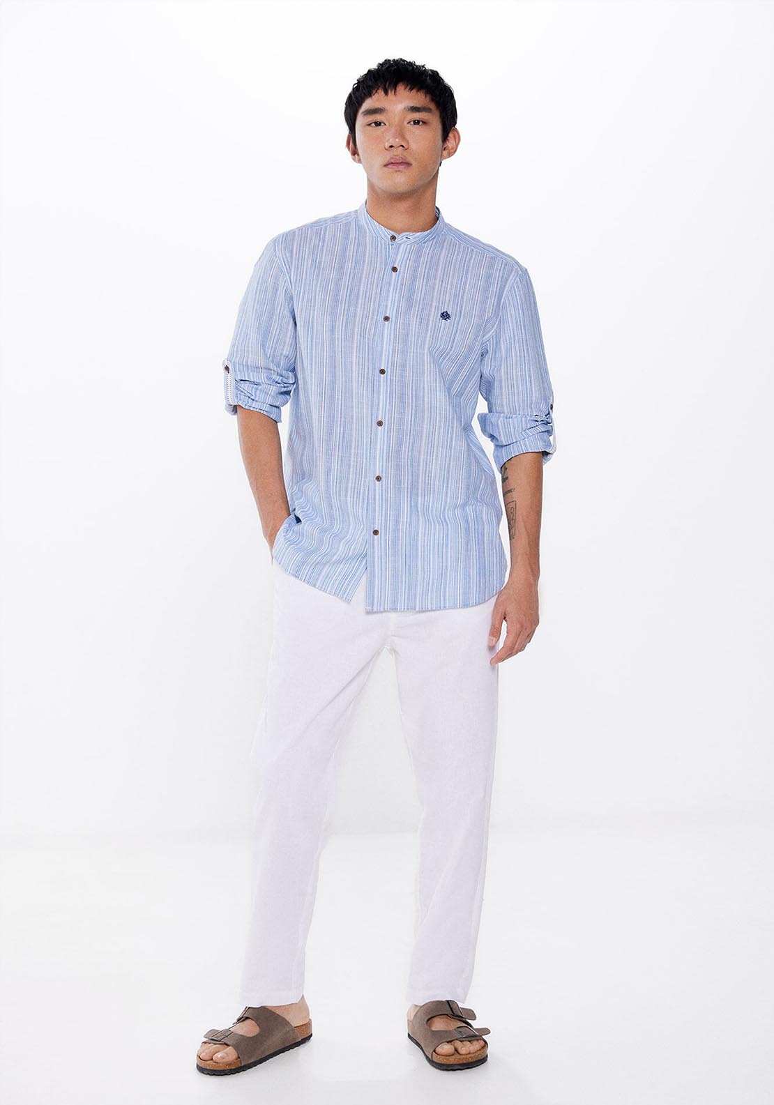 Springfield Long Sleeve Mao Stripe Shirt - Blue 4 Shaws Department Stores