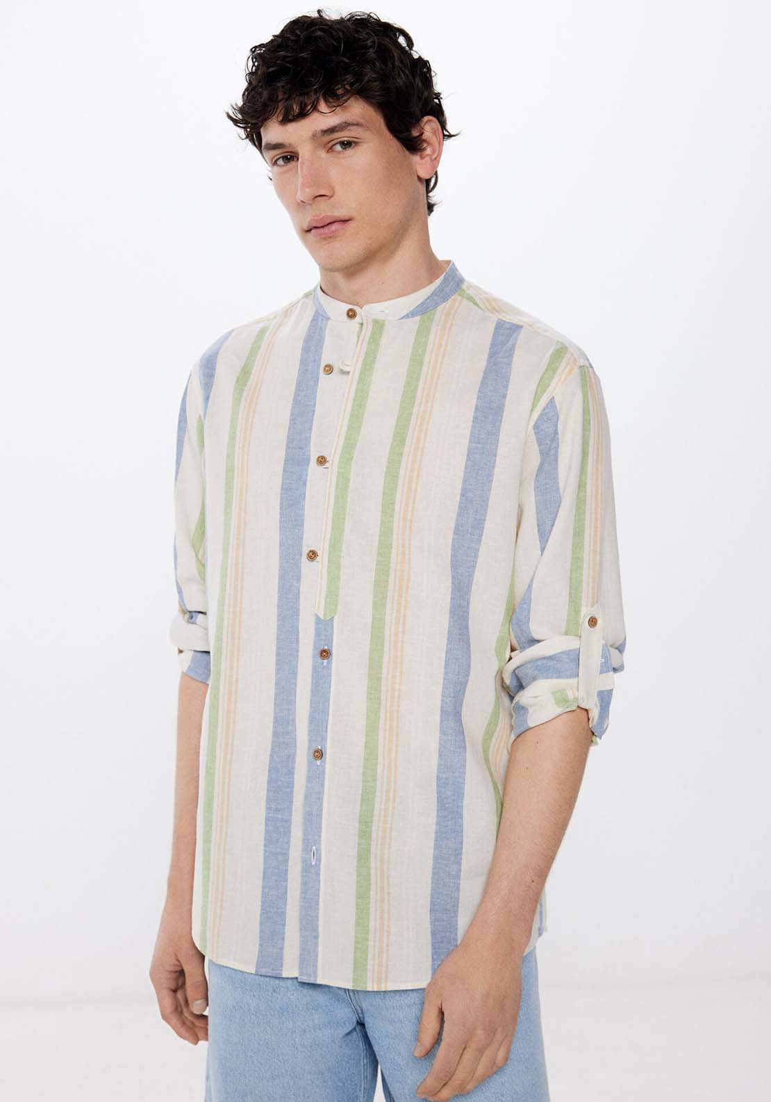 Springfield Striped linen mandarin collar shirt 1 Shaws Department Stores