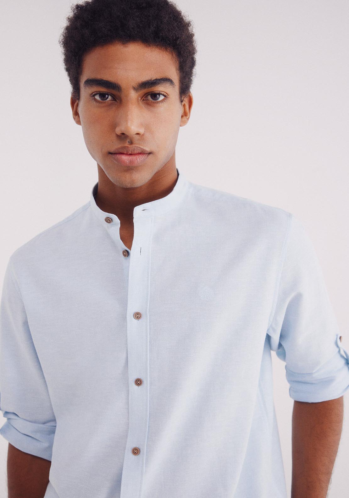 Springfield Linen Shirt With Mandarin Collar - Blue 3 Shaws Department Stores