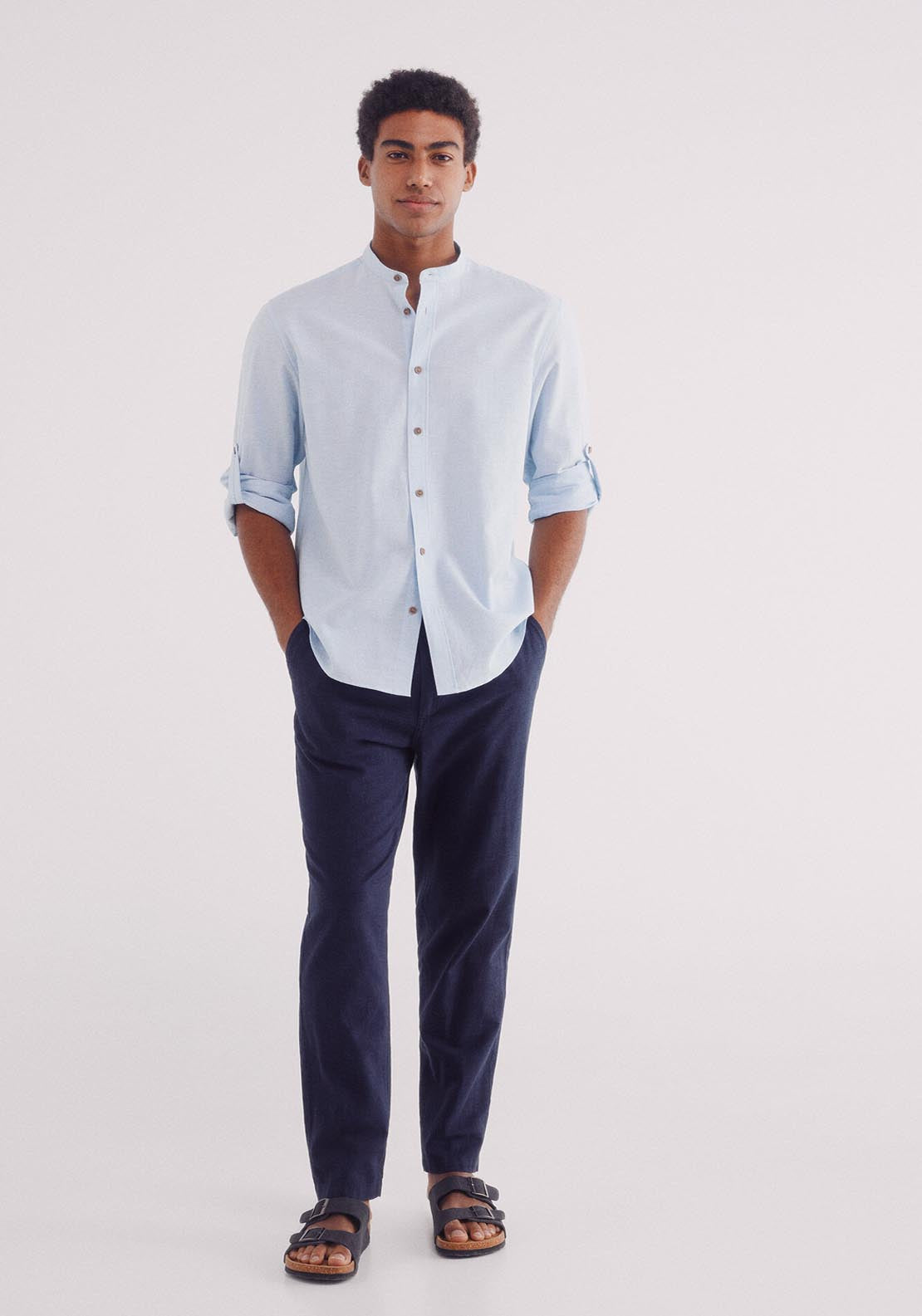 Springfield Linen Shirt With Mandarin Collar - Blue 5 Shaws Department Stores