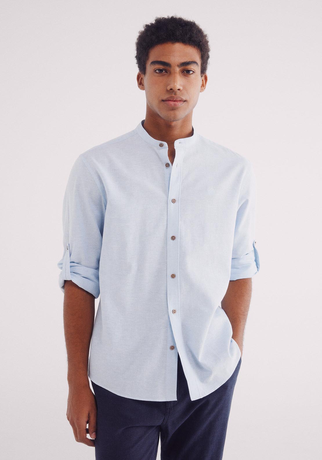 Springfield Linen Shirt With Mandarin Collar - Blue 1 Shaws Department Stores
