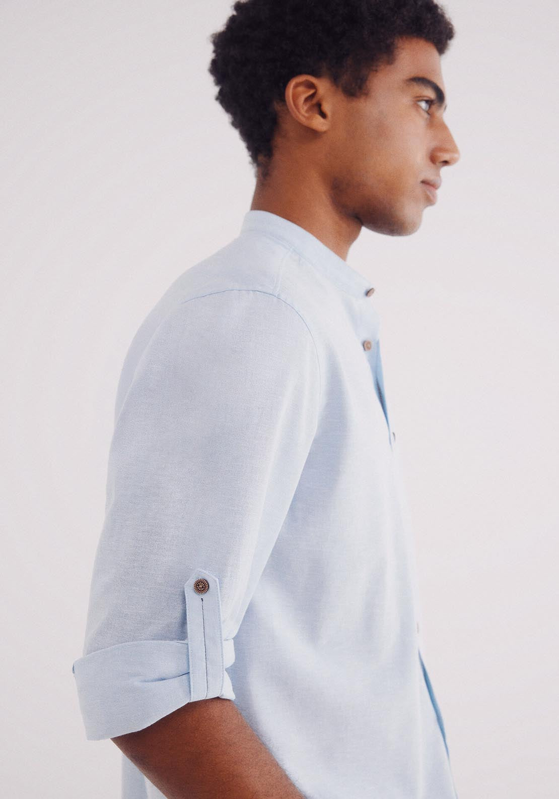 Springfield Linen Shirt With Mandarin Collar - Blue 4 Shaws Department Stores