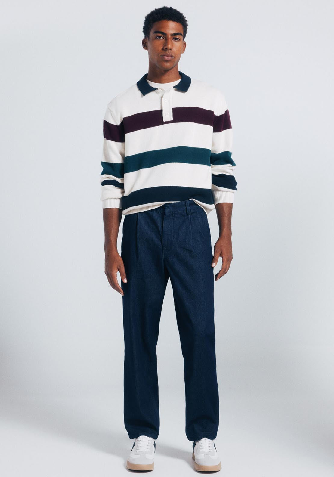 Striped Polo Shirt Neck Jumper - White