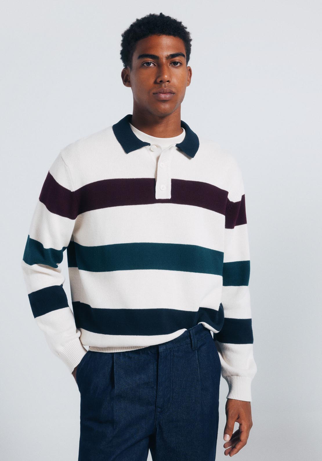 Striped Polo Shirt Neck Jumper - White