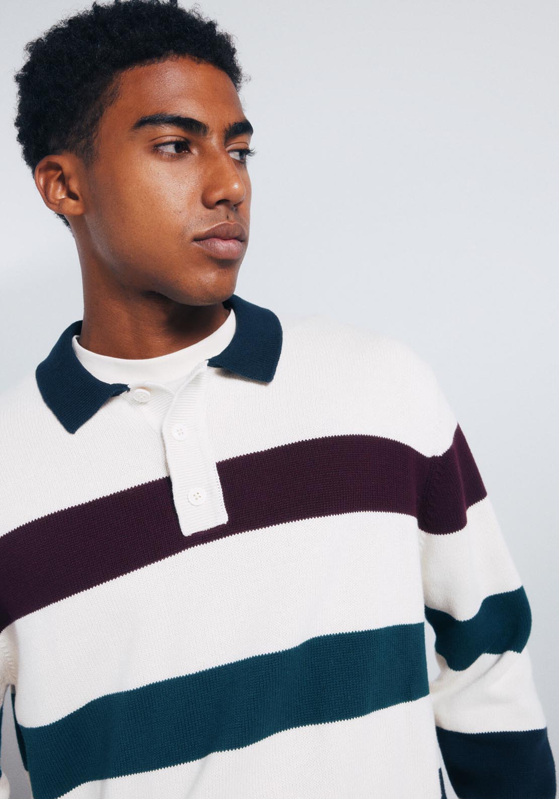 Striped Polo Shirt Neck Jumper - White
