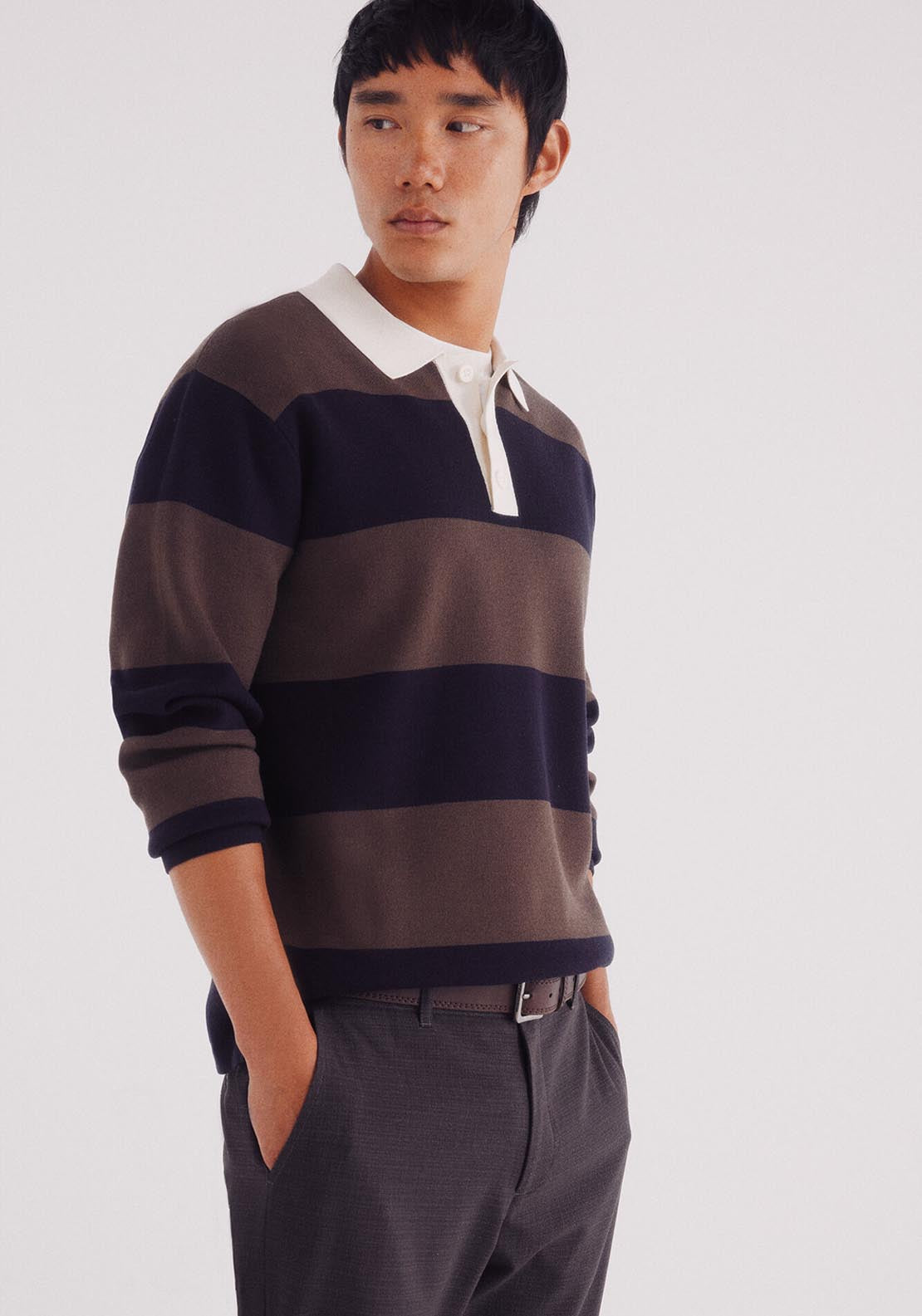 Wide Striped Polo Shirt Sweater - Brown