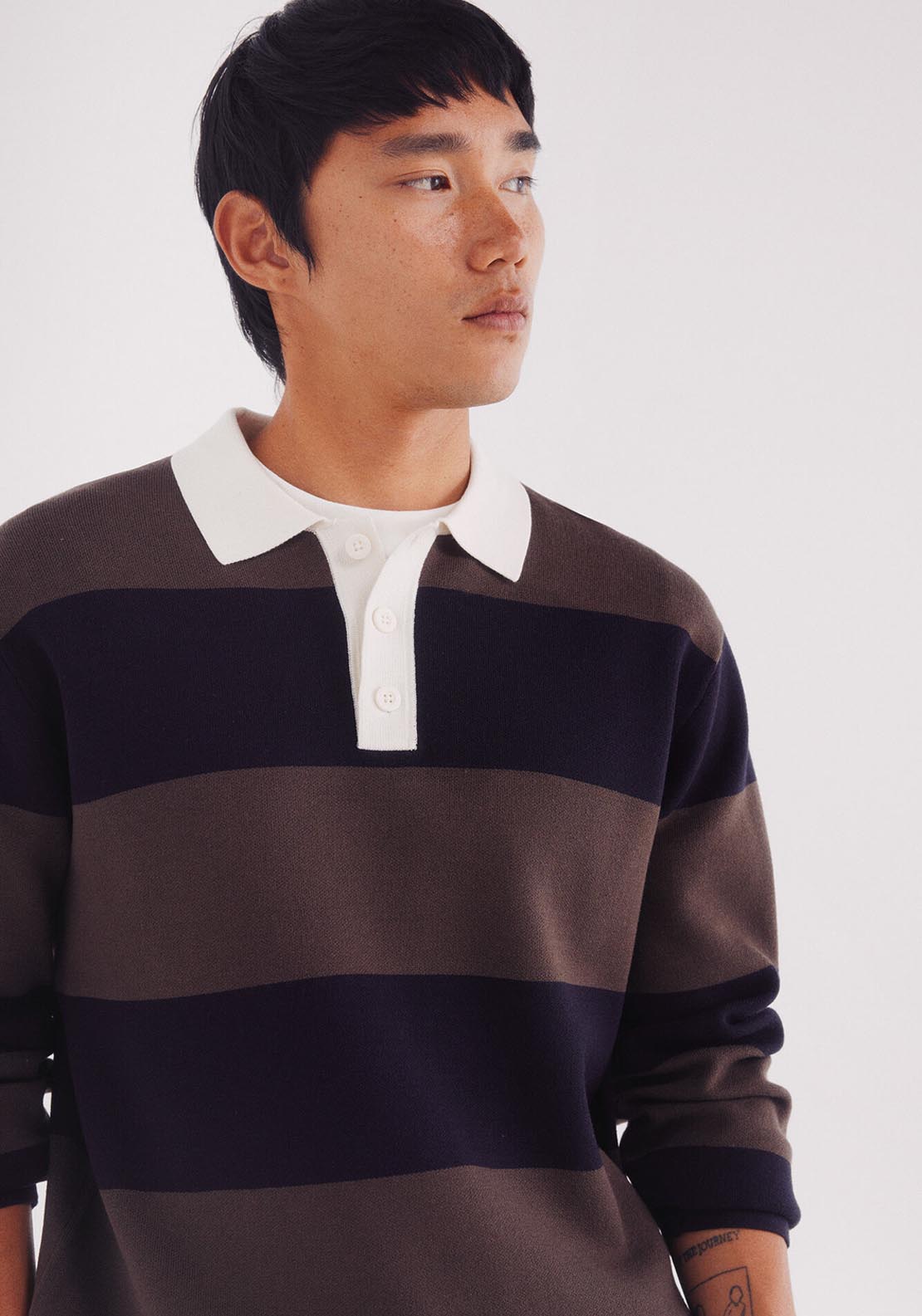 Wide Striped Polo Shirt Sweater - Brown