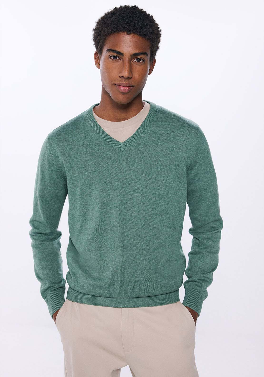 Springfield Essential V-neck jumper - Green 1 Shaws Department Stores