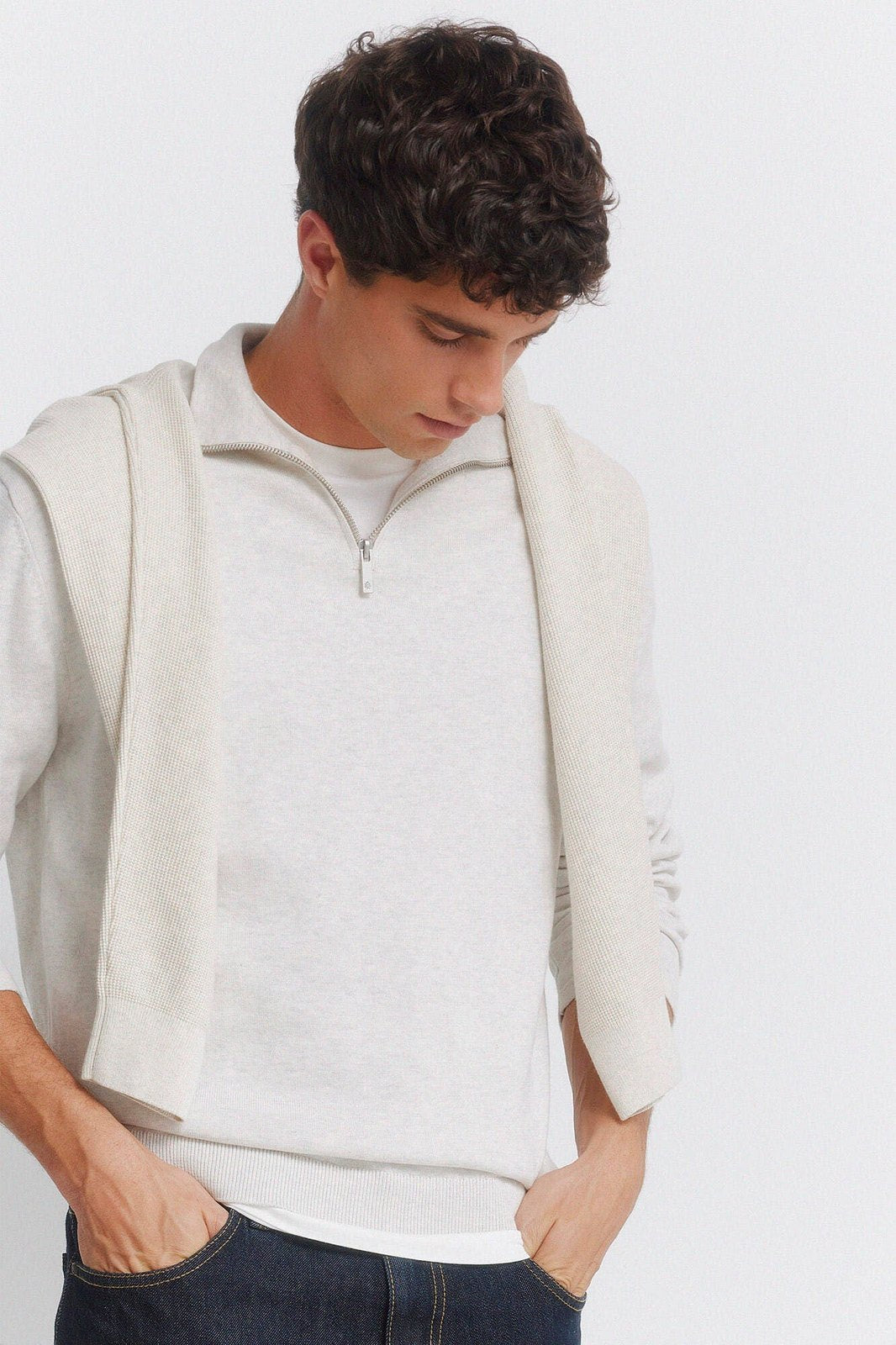 Basic 1/4 Zip Knit - Beige