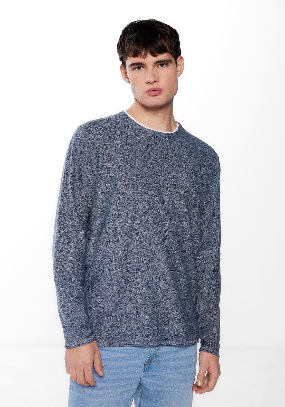 Springfield Contrast collar textured jumper - Blue 1 Shaws Department Stores