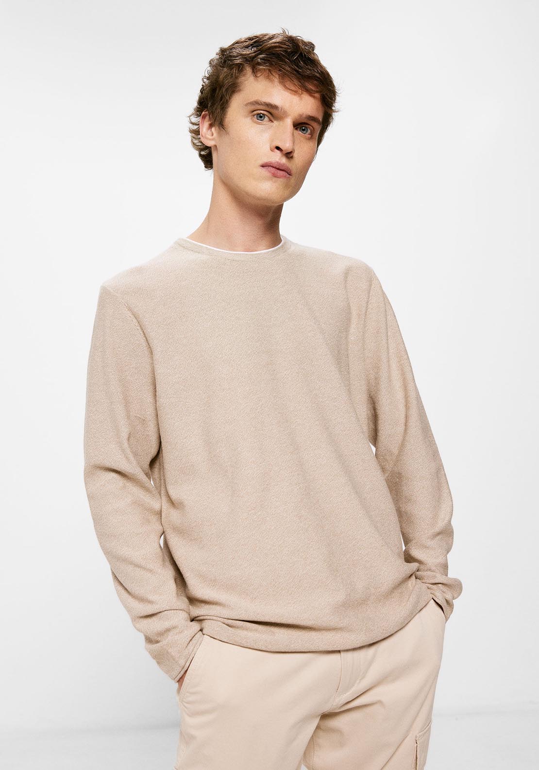 Springfield Contrast collar textured jumper - Beige 1 Shaws Department Stores