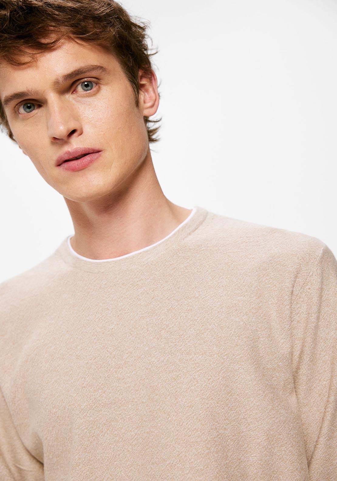 Springfield Contrast collar textured jumper - Beige 3 Shaws Department Stores