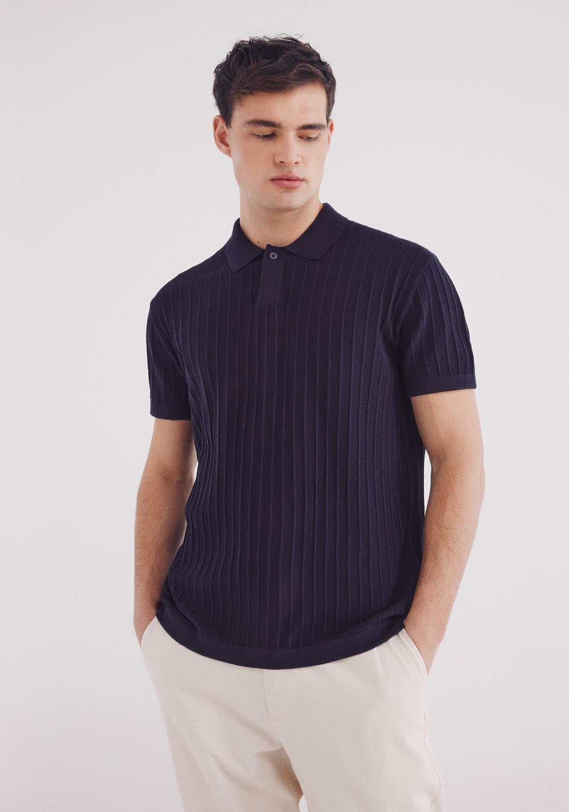 Springfield Short Sleeve Jumper With A Polo Shirt-Style Neck - Navy 1 Shaws Department Stores
