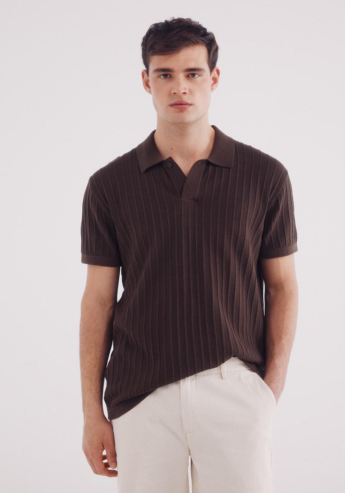 Springfield Short Sleeve Jumper With A Polo Shirt-Style Neck - Brown 1 Shaws Department Stores