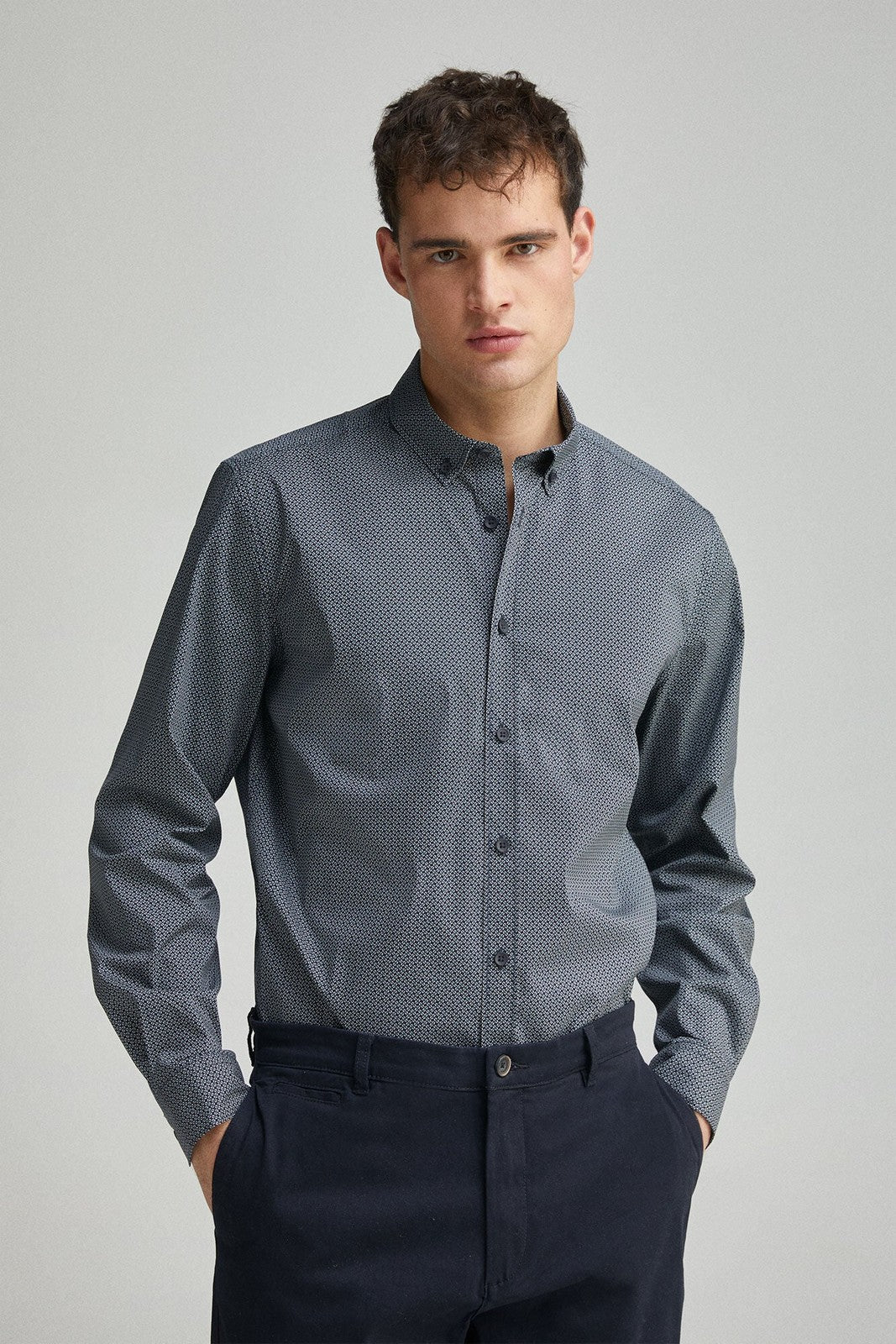 Springfield Easy care micro print poplin shirt - Blue 1 Shaws Department Stores