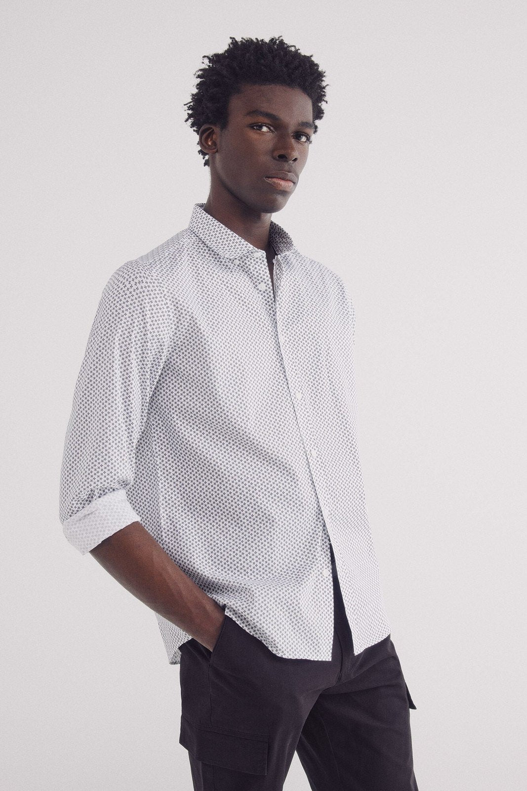 Springfield Easy care micro print poplin shirt - White 2 Shaws Department Stores