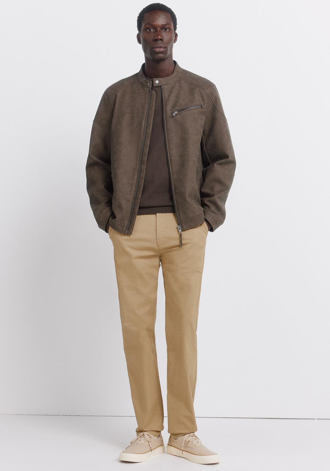 Slim Fit Micro-Print Trousers - Beige